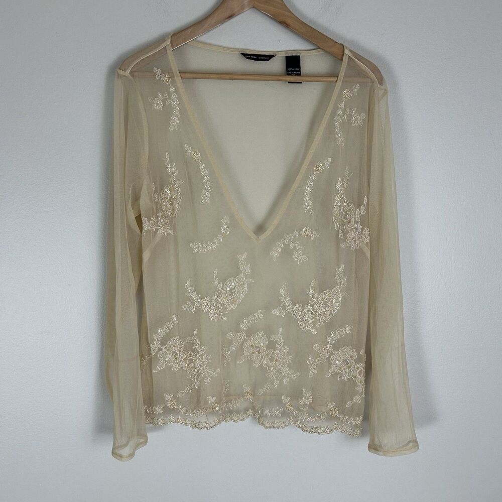 New York & Company XL Mesh Cream Sequin Sheer Embroidered Y2K Romantic